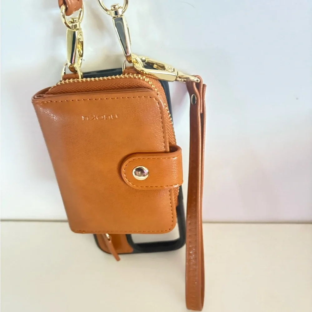 Tan Leather Wallet Magnetic detachable strap crossbody wallet #RFIDBLOCKING NEW